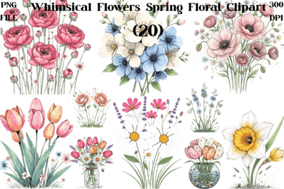 Whimsical Flowers Spring Floral Clipart